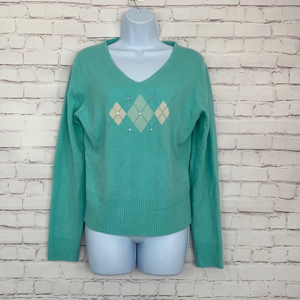 Grayson & Dunn 100% cashmere argyle v-neck sweater SZ Large